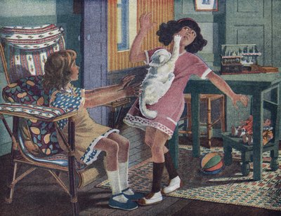 Annettes lille katt: en hvit katt klør ansiktet til en liten jente som leker med vennen sin. Illustrasjon av Robert Salles (1871-1929) i "" Je sais Lire"". av Robert Salles