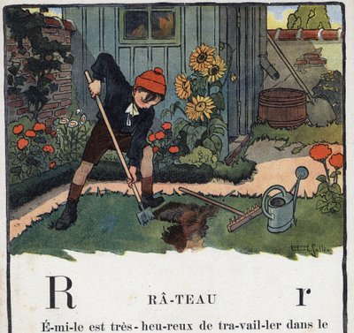 Barnebok "" Jeg skal lese - Metodisk og morsomt alfabet av en pappa""" 1926. Illustrasjon av Robert Salles (1871-1929). Abecedaire: bokstav R som Rake. En guttehage i hagen til huset hans. av Robert Salles
