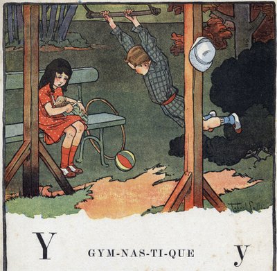 Barnebok "" Jeg skal lese - Metodisk og morsomt alfabet av en pappa""" 1926. Illustrasjon av Robert Salles (1871-1929). Abecedary: bokstav Y som Gymnastikk. En gutt trapes mens en jente leker en dukke. av Robert Salles