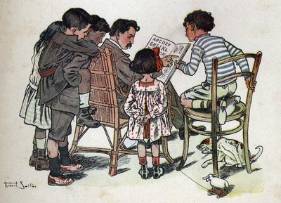 Barnebok "" Jeg skal lese - Metodisk og morsomt alfabet av en pappa""" 1926. Illustrasjon av Robert Salles (1871-1929). En familiefar lærer barn å lese. av Robert Salles