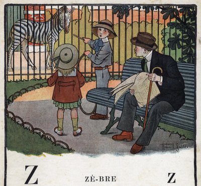 Barnebok "" Jeg skal lese - Metodisk og morsomt alfabet av en pappa""" 1926. Illustrasjon av Robert Salles (1871-1929). Abecedaire: bokstav Z som Zebre. Barn, med en bøyle, ser på en sebra i en dyrehage. av Robert Salles