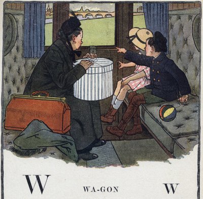Barnebok "" Jeg skal lese - Metodisk og morsomt alfabet av en pappa""" 1926. Illustrasjon av Robert Salles (1871-1929). Abecedaire: bokstav W som vogn. To barn med mor reiser i en togkupé. av Robert Salles
