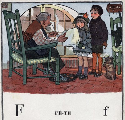 Barnebok "" Jeg skal lese - Metodisk og morsomt alfabet av en pappa""" 1926. Illustrasjon av Robert Salles (1871-1929). Abecedaire: bokstav F som fete. En jente og en gutt byr på gaver til bestefarens fest. av Robert Salles