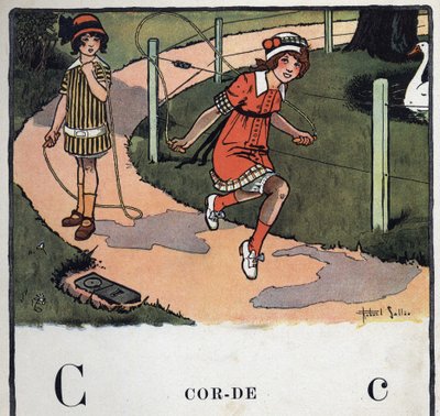 Barnebok "" Jeg skal lese - Metodisk og morsomt alfabet av en pappa""" 1926. Illustrasjon av Robert Salles (1871-1929). Abecedary: bokstav C som tau. To jenter leker med å hoppe tau. av Robert Salles