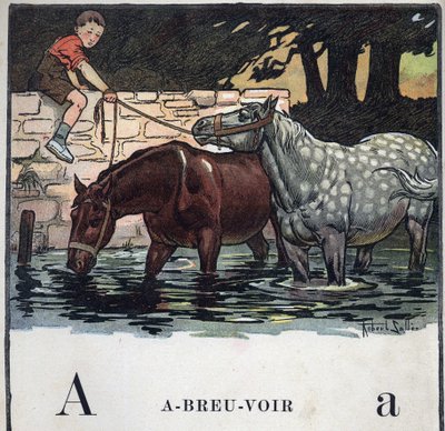 Barnebok "" Jeg skal lese - Metodisk og morsomt alfabet av en pappa""" 1926. Illustrasjon av Robert Salles (1871-1929). Abecedary: bokstav A som drikkevann. To hester drikker vann. av Robert Salles