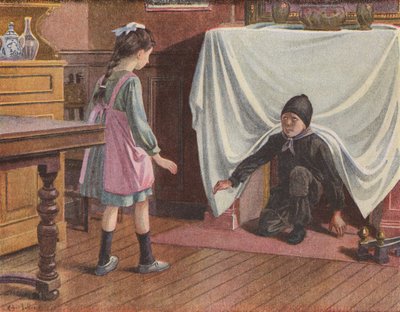 Jente som forveksler en ung skorsteinsfeier med djevelen (fargelitografi) av Robert Salles