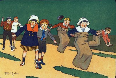 Sekkeløpet. Gravering i "" Hva spiller vi? “” av E. Weber med akvarelltegninger av Robert Salles (1871-1929). Librairie Garnier Freres, Paris av Robert Salles