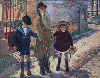 The stick of the blind: two children help a blind old man walk. Illustration by Robert Salles (1871-1929) in “” Je sais Lire””. av Robert Salles
