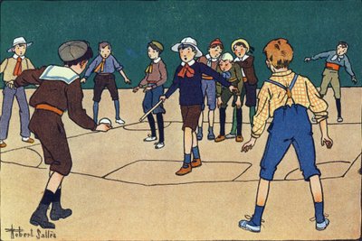 Theque (lagspill med ball og stokk). Gravering i "" Hva spiller vi? “” av E. Weber med akvarelltegninger av Robert Salles (1871-1929). Librairie Garnier Freres, Paris av Robert Salles