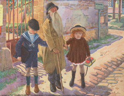 To barn som hjelper en gammel blind mann etter at han mistet stokken sin (fargelitografi) av Robert Salles