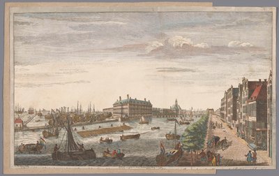 Oversikt over Admiraliteitsmagazijn i Amsterdam En utsikt over admiralitetet i Amsterdam, av butikkhusene, bryggene og bryggene, som tilhører det, og til East India Company of Holland (tittel på objekt) av Robert Sayer (possibly)