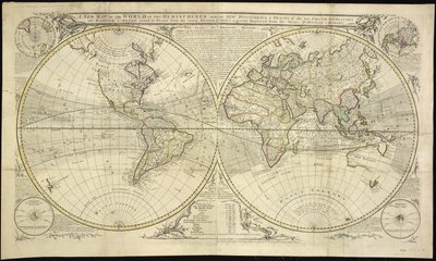 Et nytt kart over verden i to halvkuler med de nye oppdagelsene og traktene til de to Circum Navigators, nemlig Dampier & Anson rundt det: Tegnet fra de nyeste geografene og sterkt forbedret fra Sieurs D
