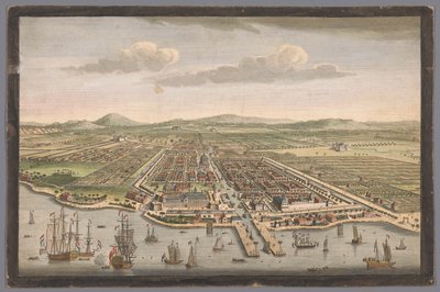 Utsikt over byen Batavia Byen Batavia på øya Java og hovedstad for alle de nederlandske fabrikkene og bosetningene i Øst-India (tittel på objekt) Nederzettingen van de VOC (serietittel) av Robert Sayer