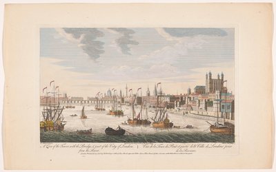 Utsikt over City of London fra Themsen Utsikt over The Tower, med broen, og en del av London. Fra elven (tittel på objekt) London (serietittel) av Robert Sayer