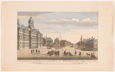 Utsikt over rådhuset i Amsterdam med brannmenn på Dam-plassen Utsikt over Stad-huset og motorene for å slukke brann ved Amsterdam (tittel på objekt) Holland (serietittel) av Robert Sayer
