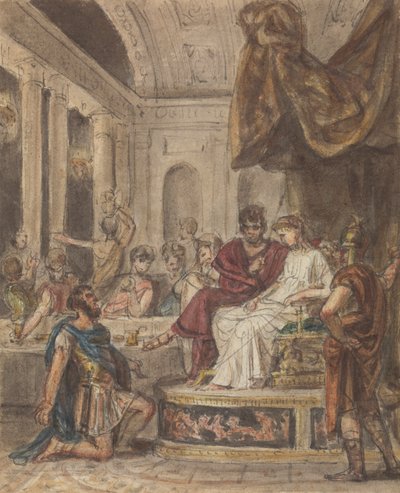 Bankettscene, med en romersk soldat som kneler til en kjent figur som sitter på en trone av Robert Smirke