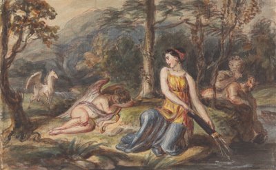 Diana, jaktens gudinne, med satyrer, sovende Amor og en Pegasus i et skogslandskap av Robert Smirke