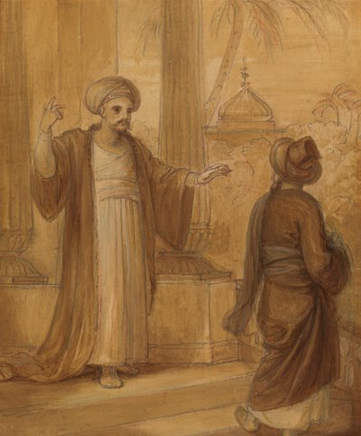 Illustrasjon for en østlig romantikk, muligens 'The Arabian Nights', med to mannsfigurer stående av Robert Smirke
