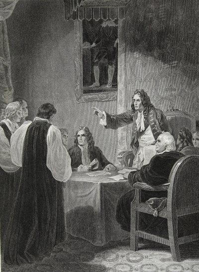 Biskopene før Privy Council, 1688, gravert av George Noble, illustrasjon fra David Humes 'The History of England', pub. av R. Bowyer, London, 1812 av Robert Smirke