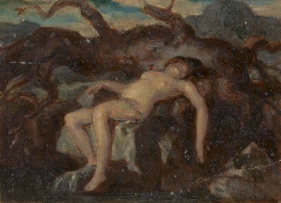 Kvinne som sover naken i et skogkledd landskap av Robert Smirke