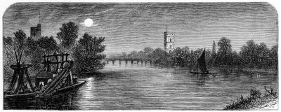 Putney Bridge and Church by Moonlight, 1880 av Robert Taylor Pritchett