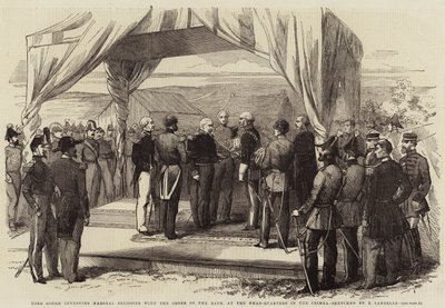 Lord Gough investerer Marshal Pelissier med Order of the Bath, ved hovedkvarteret på Krim av Robert Thomas Landells