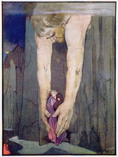 Antaeus setter ned Virgil og Dante i Helvetes siste sirkel, ca. 1910 (farge litho) av Robert Traill Rose