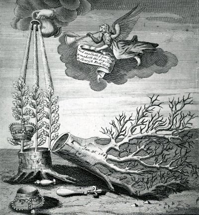 Emblematisk trykk som refererer til henrettelsen av Charles I og Stuart-følgen, 1715 av Robert Vaughan