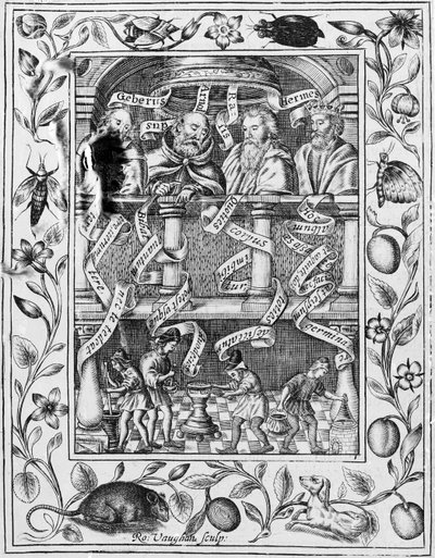 Store alkymister inspirerer til arbeid i laboratoriet fra Theatrum Chemicum Britannicum, 1652 av Robert Vaughan
