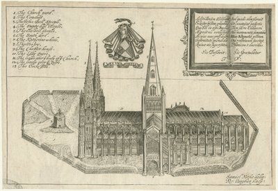 Lichfield Cathedral - South View: kobberplategravering, og [1600-tallet] av Robert Vaughan