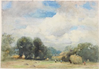 Høyproduksjon i Herefordshire (blyant og akvarell på papir (limt på kort)) av Robert W. Little