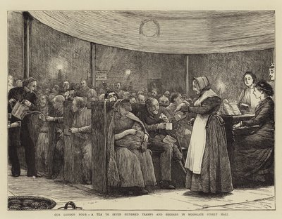 Our London Poor, en te til syv hundre luffere og tiggere i Moorgate Street Hall av Robert Walker Macbeth