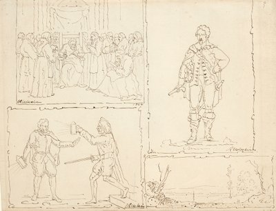 Fire skisser, 1824 (penn og brunt blekk på brunfarget papir) av Robert Walter Weir