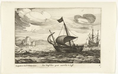 Dogger av hundestøvel En Dogh-boot groot om 8 Last / Dogh-Boot de 8 Tonneaux (tittel på objekt) Hollandse scheepstypen, 1627 (serietittel) Forskjellige skip Don ton se sert dans les Unies-provinsene / Ikoner for forskjellige nederlandske skip hvis bruk er  av Robert de Baudous (possibly)