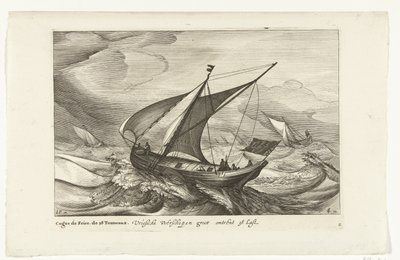 Frisiske ferger Vriesche Ferry skip store ca 38 Last / Cague de Frise. The 38 Tonneaux (tittel på objekt) Nederlandske skipstyper, 1627 (serietittel) Diverse Navires Don to se sert dans les Provinces Unies / Icones Variarum Navium Hollandicarum av Robert de Baudous (possibly)