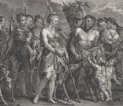 Diana kommer tilbake fra jakten, akkompagnert av hunder og nymfene hennes til venstre, to satyrer..., ca. 1808 av Robert de Launay