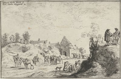 Mange figurer på en sti nær en landsby av Robert van den Hoecke