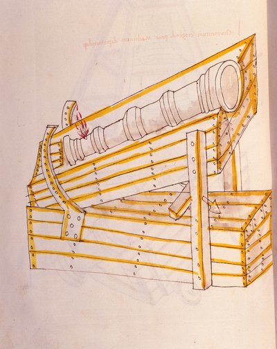 Krigskunst: studie på militærmaskineri. Canon poserer på klokken, med et system for å løfte den, illustrasjon fra 