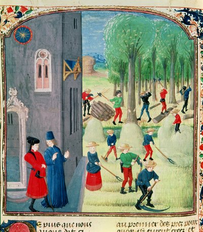 Ms. Lat 1173 Høskjæring og treskjæring, fra Charles d'Angoulemes timer, ca. 1480 av Robinet Testard