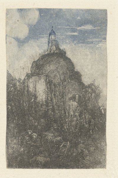 Bygger på en stein og hviler gjetere med sauer ved foten av berget Le Phare Chapelle alpestre av Rodolphe Bresdin