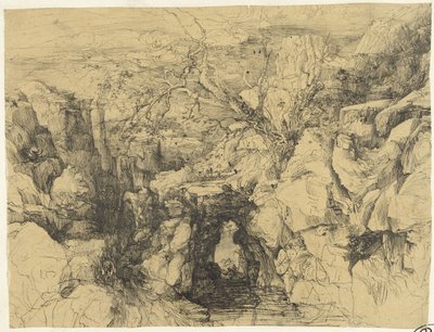 Landskap med steiner og steinbro over fjellbekk av Rodolphe Bresdin