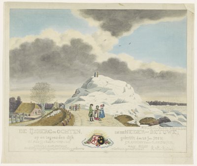 Iskrem i Ochten, 1789 Isfjellet ved Ochten i Nedre Betuwe; på og mot diket pudret 24. jan. 1789 (tittel på objekt) av Roeland van Eynden