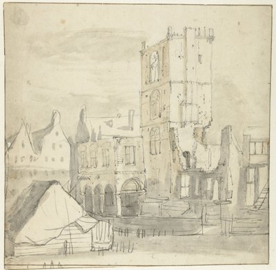 Ruinene av det gamle rådhuset, Amsterdam, etter brannen i 1652 av Roelant Roghman (attributed to)
