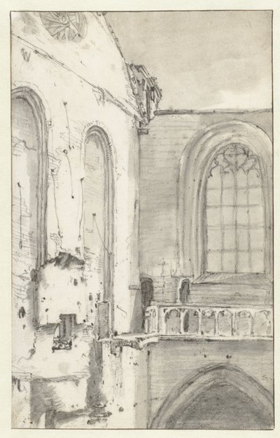 Utsikt over transeptet til Nieuwe Kerk, Amsterdam, etter brannen i 1645 av Roelant Roghman (attributed to)