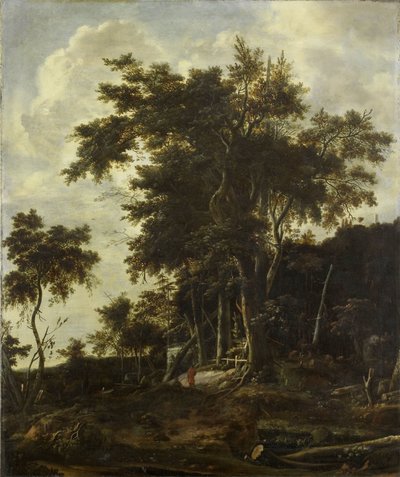Skoglandskap med skogsmannsbod av Roelant Roghman