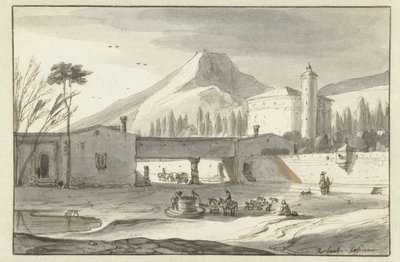 Fjellrikt, italiensk landskap med en rotundekirke av Roelant Roghman
