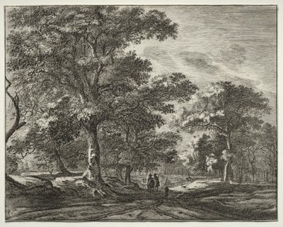 Seks utsikter i skogen i Haag: Plate 1, to menn foran en jeger av Roelant Roghman