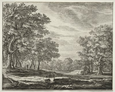 Seks utsikter i skogen i Haag: Plate 5, En mann med en stav i hånden av Roelant Roghman