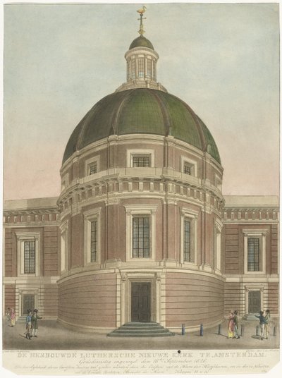 Gjenoppbygd nye lutherske kirke i Amsterdam Den gjenoppbygde Lutersche Nieuwe Kerk i Amsterdam (tittel på objekt) av Roelof van der Meulen
