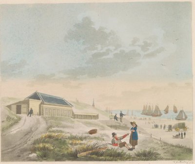 Stranden ved Scheveningen, ca. 1825 Utsikt over stranden og sanddynene ved Scheveningen og Presentasjon av badehuset til Mr. Pronk / Vue du rivage et des dunes a Scheveninge et representation des Bains appartement à mons.r Pronk (tittel på objekt) av Roelof van der Meulen